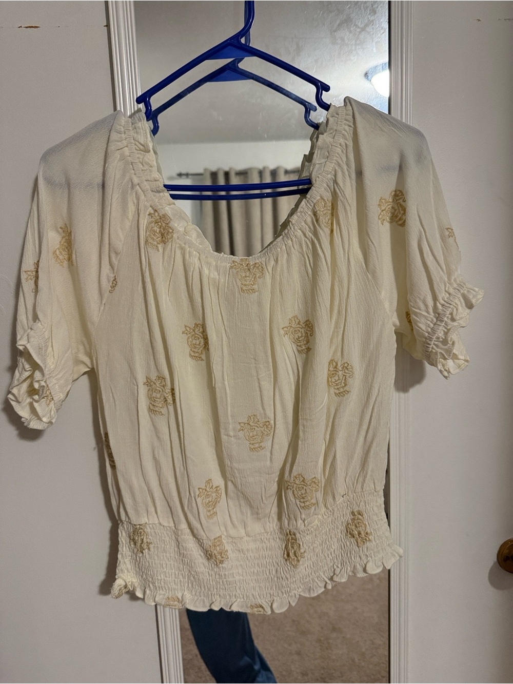 Mystree Cream Short Puff Sleeve Smocked Hem Top with Gold Embroidery